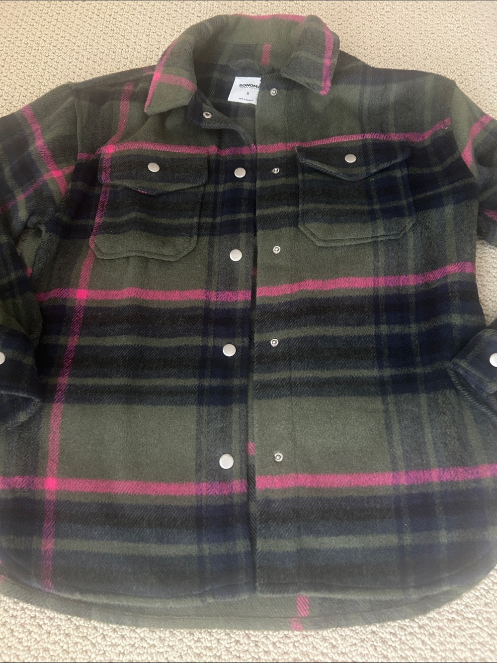 Sonoma Olive Plaid Shirt Jacket with Pink Stripes - Picture 2 of 7
